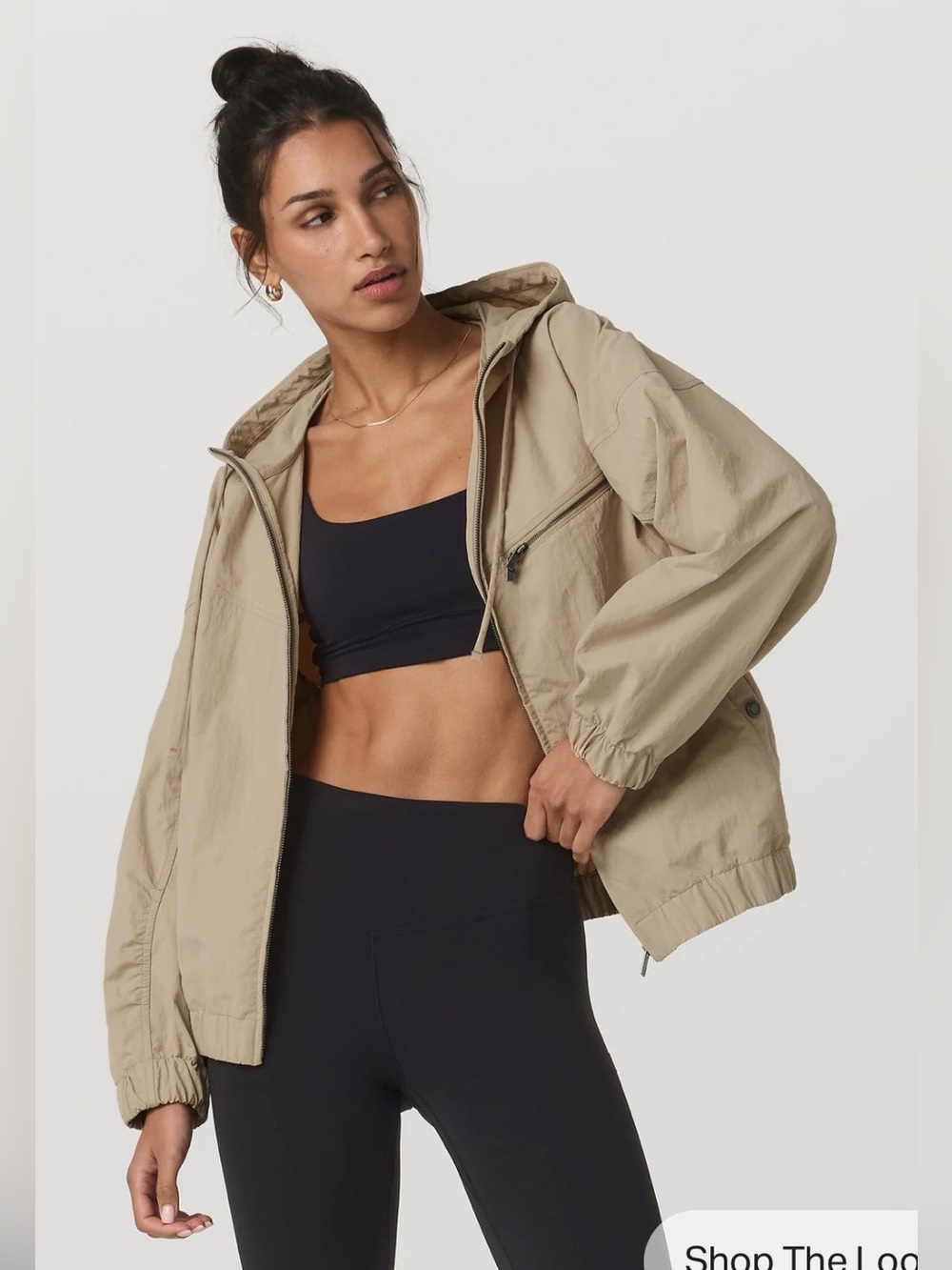 Vuori ventana hooded jacket gathered waist khaki zip up wind breaker small